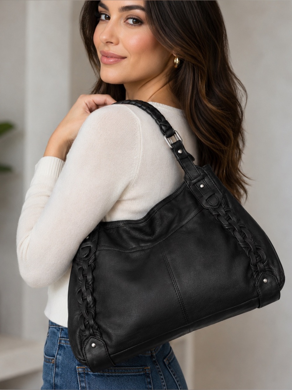 Kenneth Cole NEW Black Leather Shoulder Hobo Bag Shoulder Purse